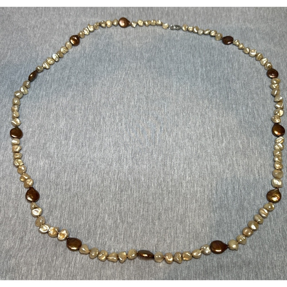 Vintage Baroque Freshwater Pearl Necklace‎ Champagne Bronze Nugget Beads